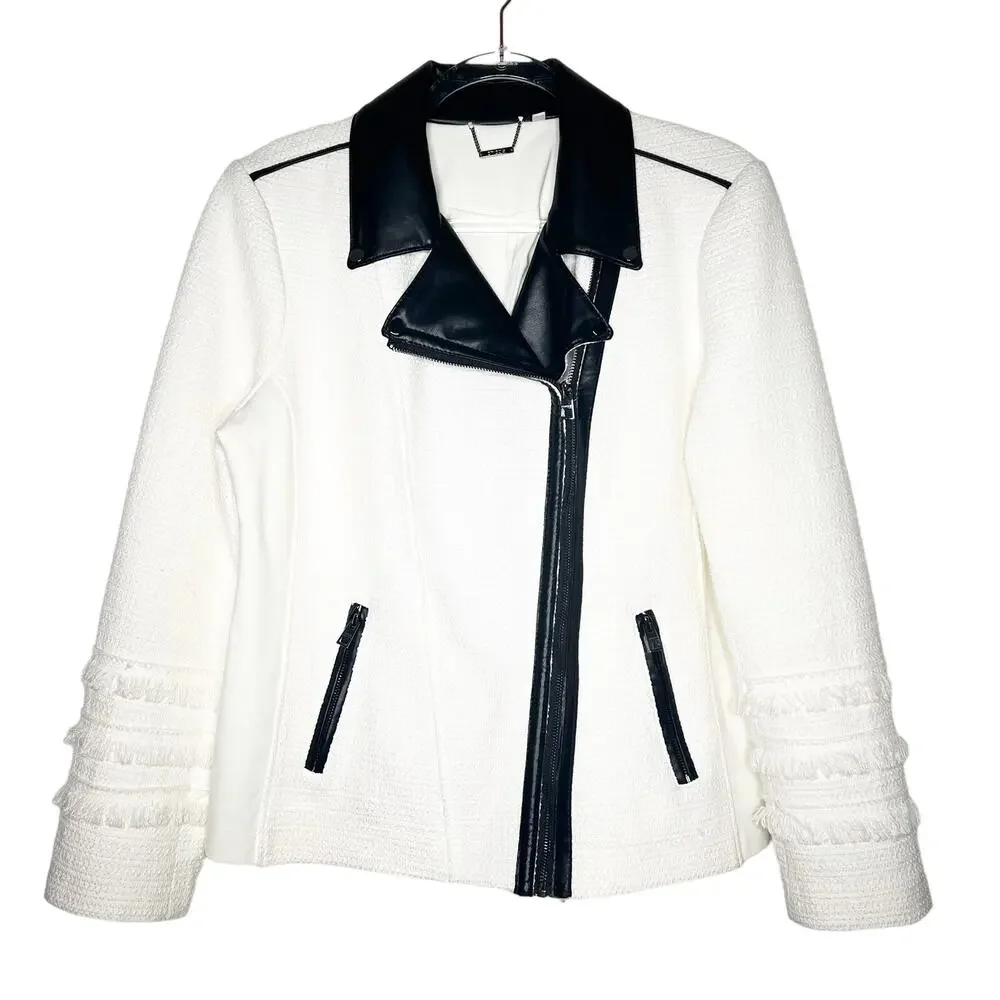 CHICO'S Tweed and Faux Leather Moto Jacket Asymmetric Full Zip White Black Large